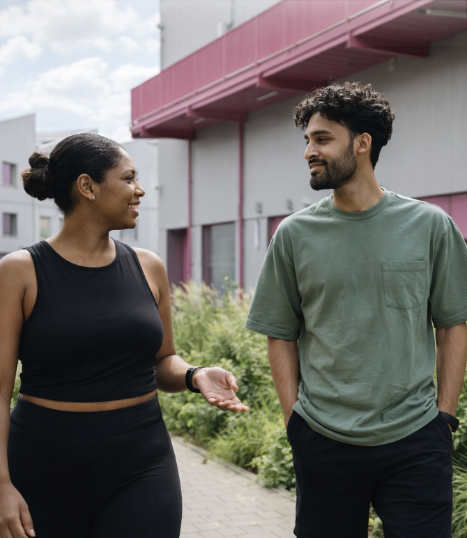 Tenants are shown walking through the Florentia Village courtyards.